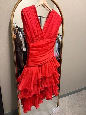 Red Ruffled V-Neck Cocktail Dress